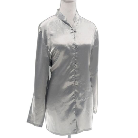 Diane Von Furstenberg Vintage 80s Silver Metallic Button Down Blouse Size Large - Picture 1 of 7